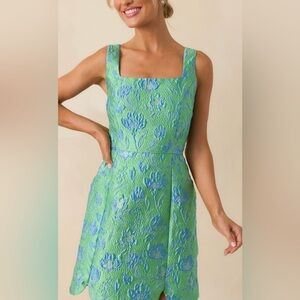 Pantstore Floral Green and Blue brocade look jacquard mini Dress size S